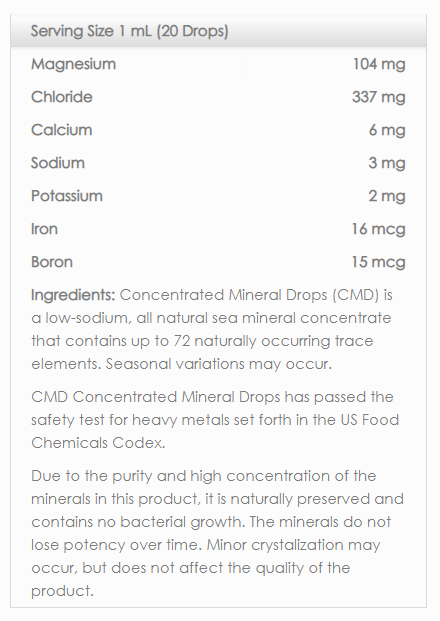 Supplement facts for CMD Concentrated Mineral Drops - 240ml showing magnesium, chloride, calcium, sodium, potassium, iron, and boron content per serving.