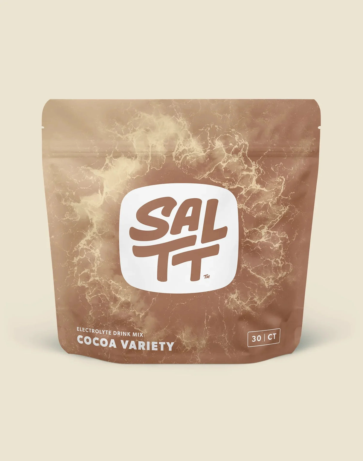 Cocoa Variety Electrolyte Drink Mix - 30 Sticks by SALTT in brown resealable pouch with white logo and storm graphic background