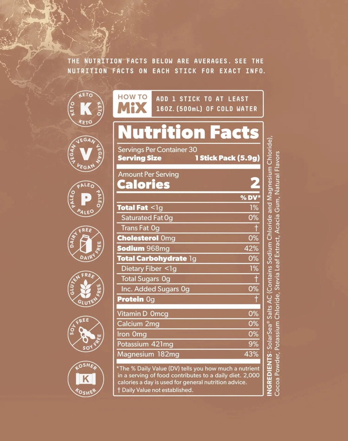 Nutrition facts label for Cocoa Variety Electrolyte Drink Mix - 30 Sticks by SALTT with ingredient and dietary info.