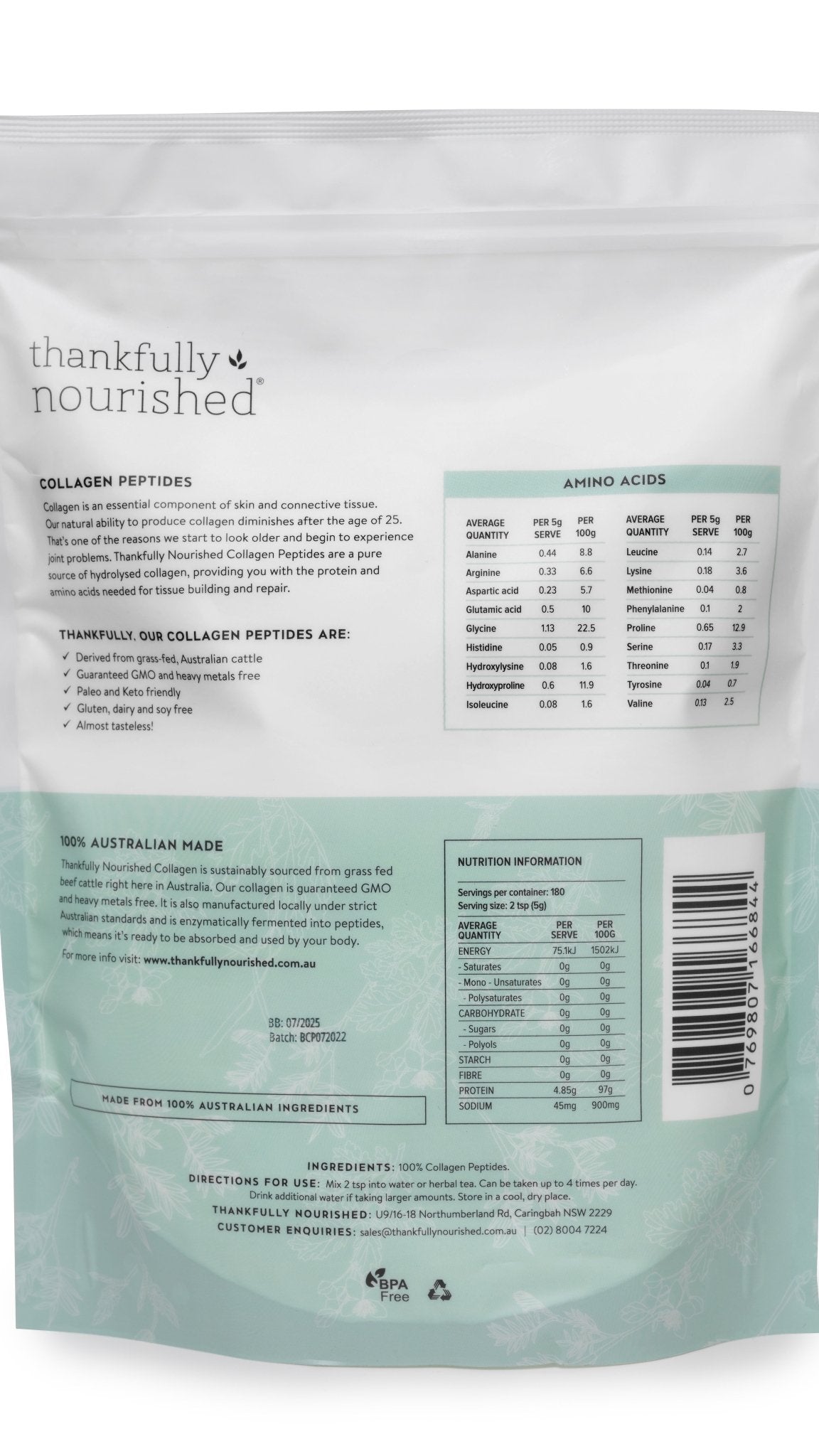 Back of Thankfully Nourished Collagen Peptides - 900g pouch showing ingredients, nutrition facts, and product details.