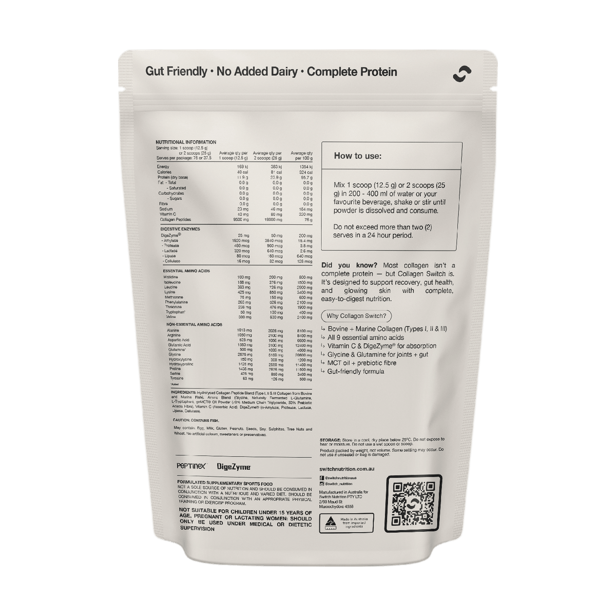 Back of the Switch Nutrition Collagen Peptides 938 g bag with nutrition information, ingredients and directions