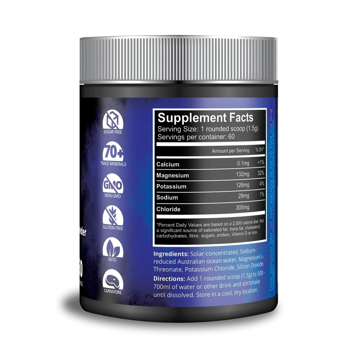 Back label of Complete Ocean Electrolyte Powder - 60 servings by Aussie Trace Minerals showing supplement facts and usage instructions.