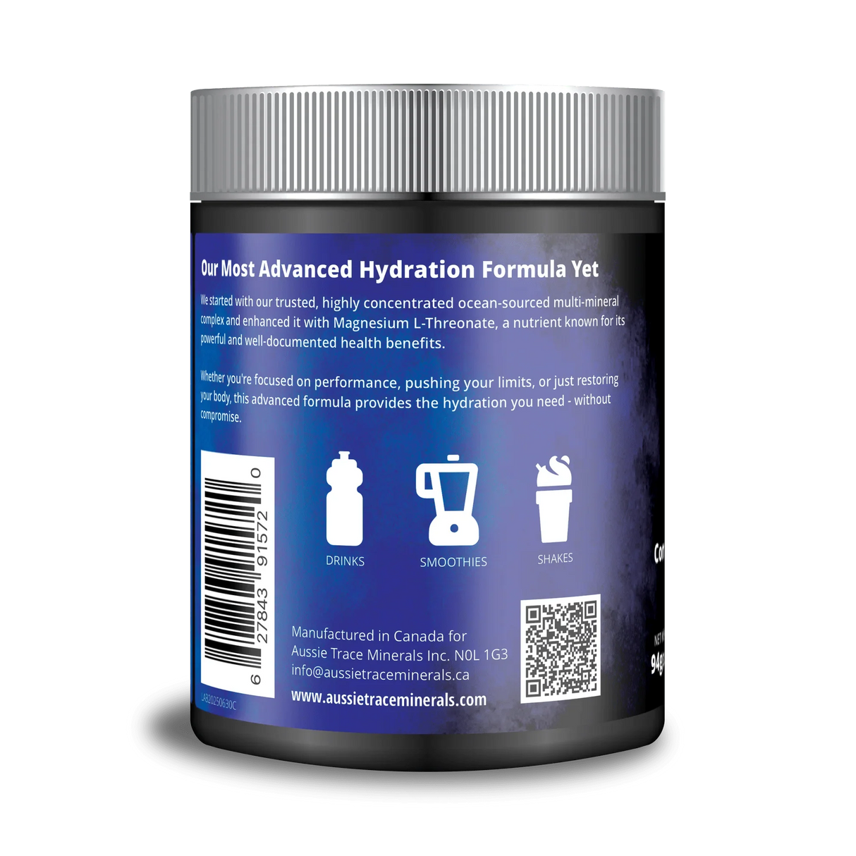 Back label of Complete Ocean Electrolyte Powder - 60 servings by Aussie Trace Minerals showing hydration formula and usage icons for drinks, smoothies, shakes