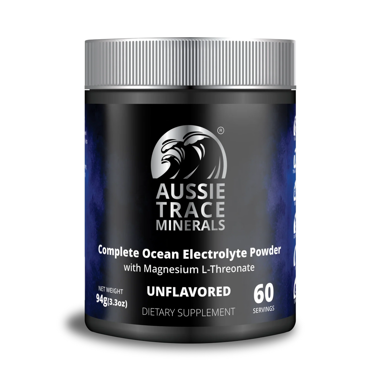 Complete Ocean Electrolyte Powder - 60 servings by Aussie Trace Minerals in black container with silver lid, unflavored formula