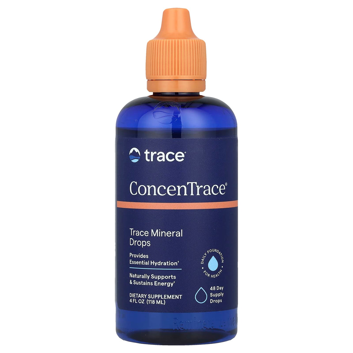 ConcenTrace - Trace Mineral Drops - 118ml in blue bottle with orange dropper, supporting hydration and energy by Trace Minerals