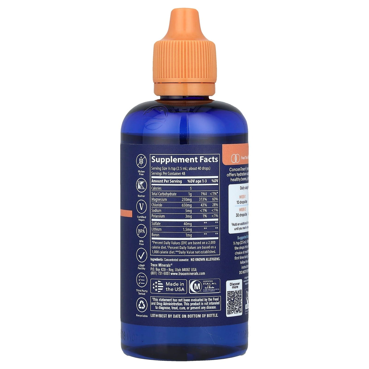 ConcenTrace - Trace Mineral Drops - 118ml in blue bottle with orange cap showing supplement facts and label details