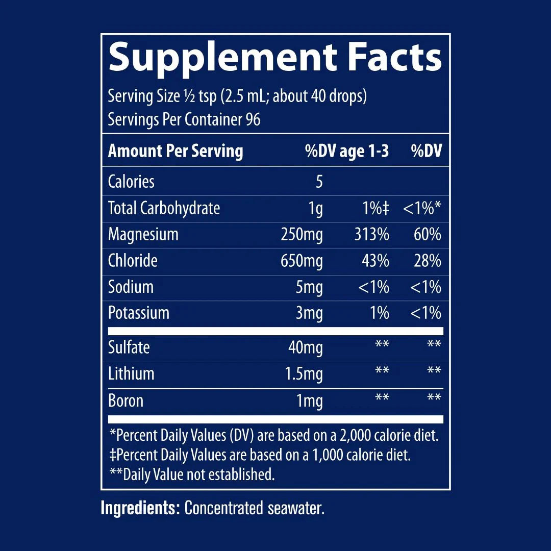 Supplement facts label for ConcenTrace - Trace Mineral Drops - 118ml showing minerals and nutritional values per serving.