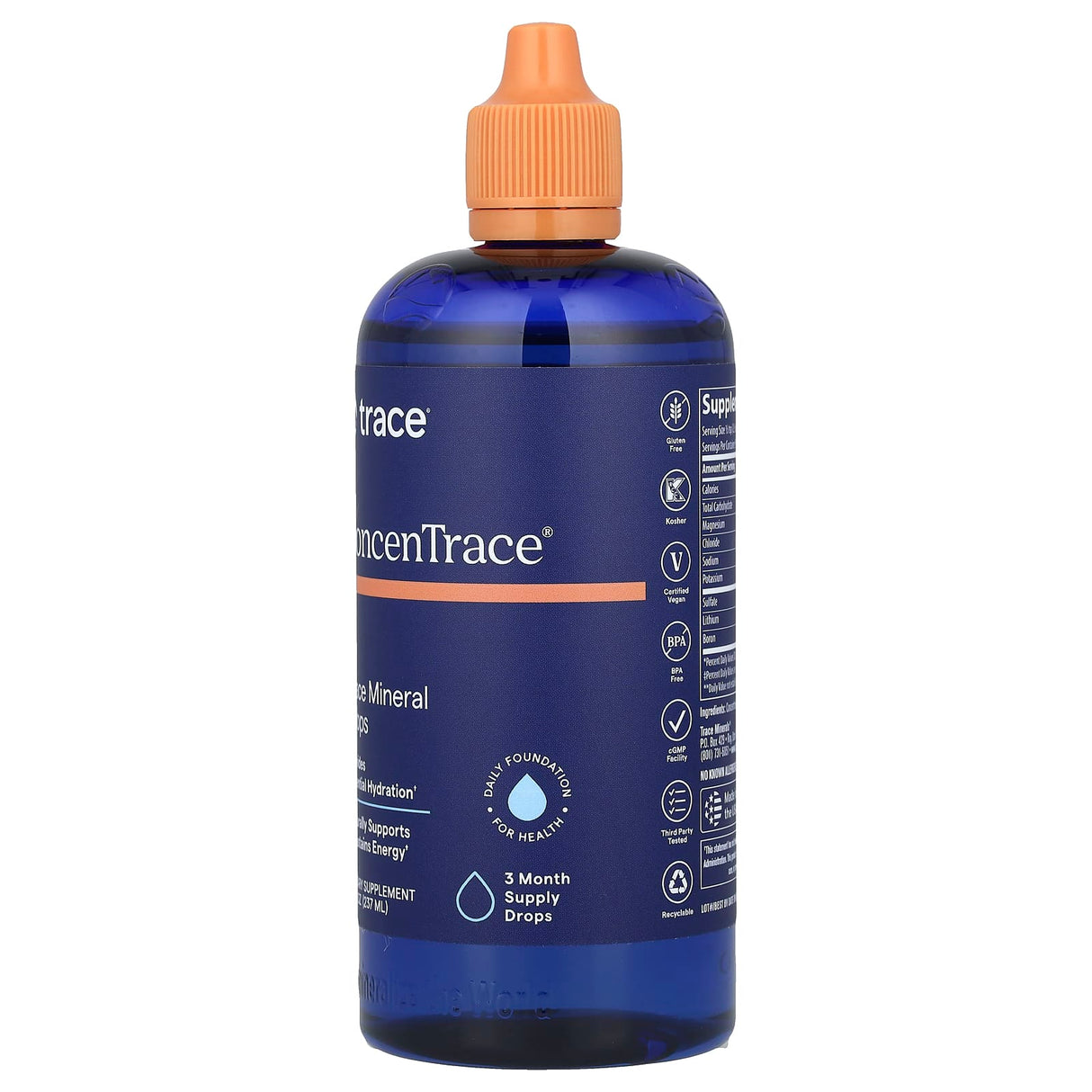 ConcenTrace - Trace Mineral Drops - 237ml in blue bottle with orange cap by Trace Minerals for electrolytes and low carb diets