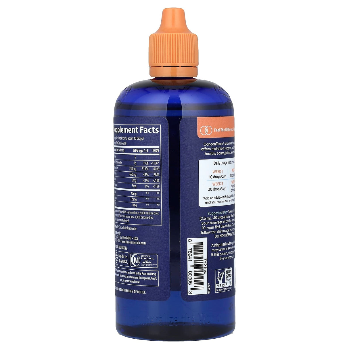 ConcenTrace - Trace Mineral Drops - 237ml bottle showing supplement facts and usage details on blue label