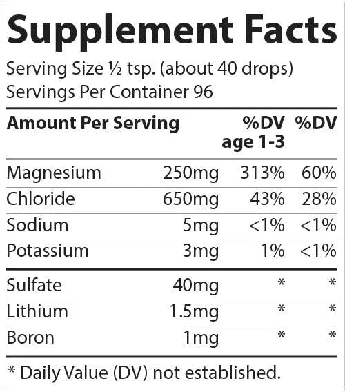 Supplement facts panel for ConcenTrace - Trace Mineral Drops - 237ml showing mineral content and serving details by Trace Minerals.