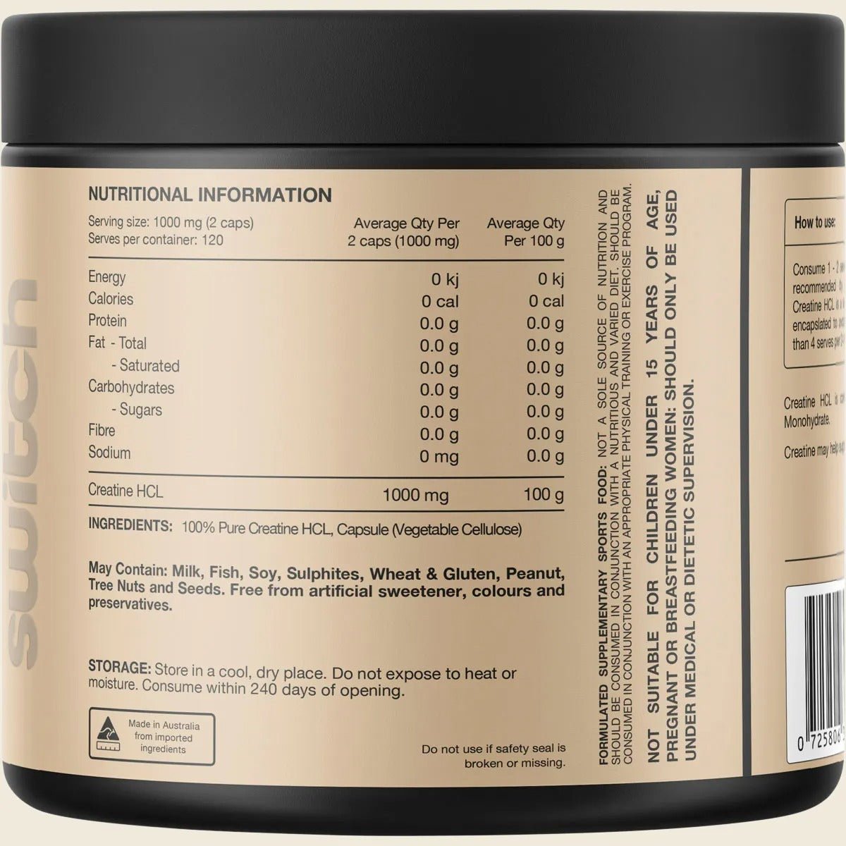 Switch Nutrition Creatine 100% Pure HCL - 240 Caps container showing nutritional facts and ingredient details.