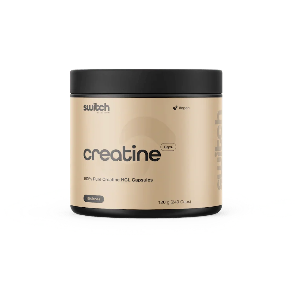 Switch Nutrition Creatine 100% Pure HCL - 240 Caps container in light beige packaging for Low Carb and Dirty Keto collections