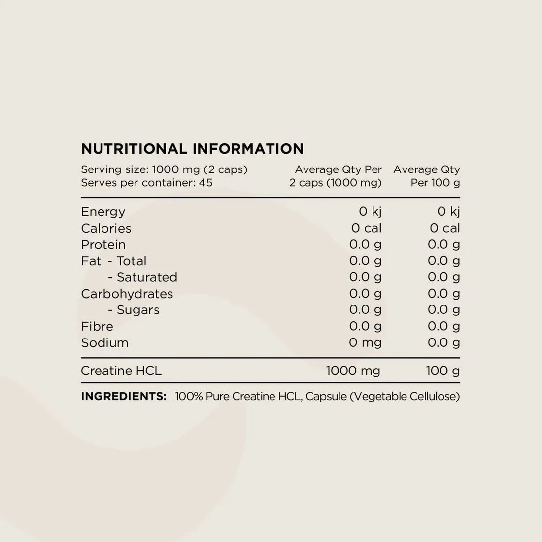 Nutrition facts label showing serving size, zero calories, zero fats, and 1000 mg Creatine HCL per 2 capsules for Creatine 100% Pure HCL - 240 Caps by Switch Nutrition.