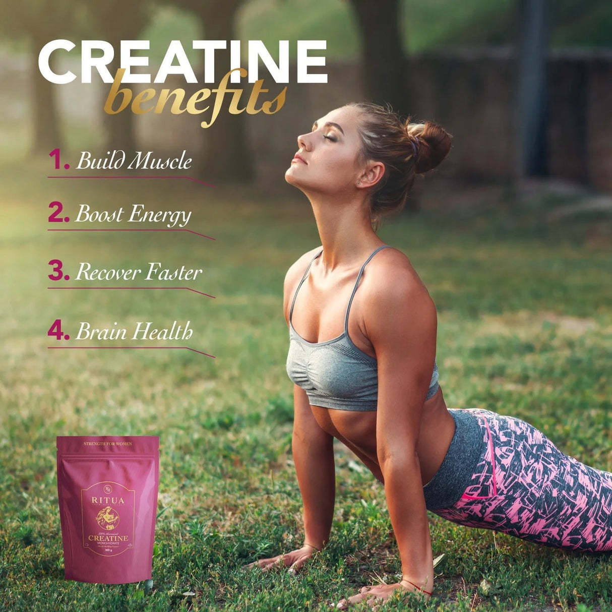 Creatine For Women - 300g by Ritua showing benefits including muscle building, energy boost, faster recovery, and brain health support.