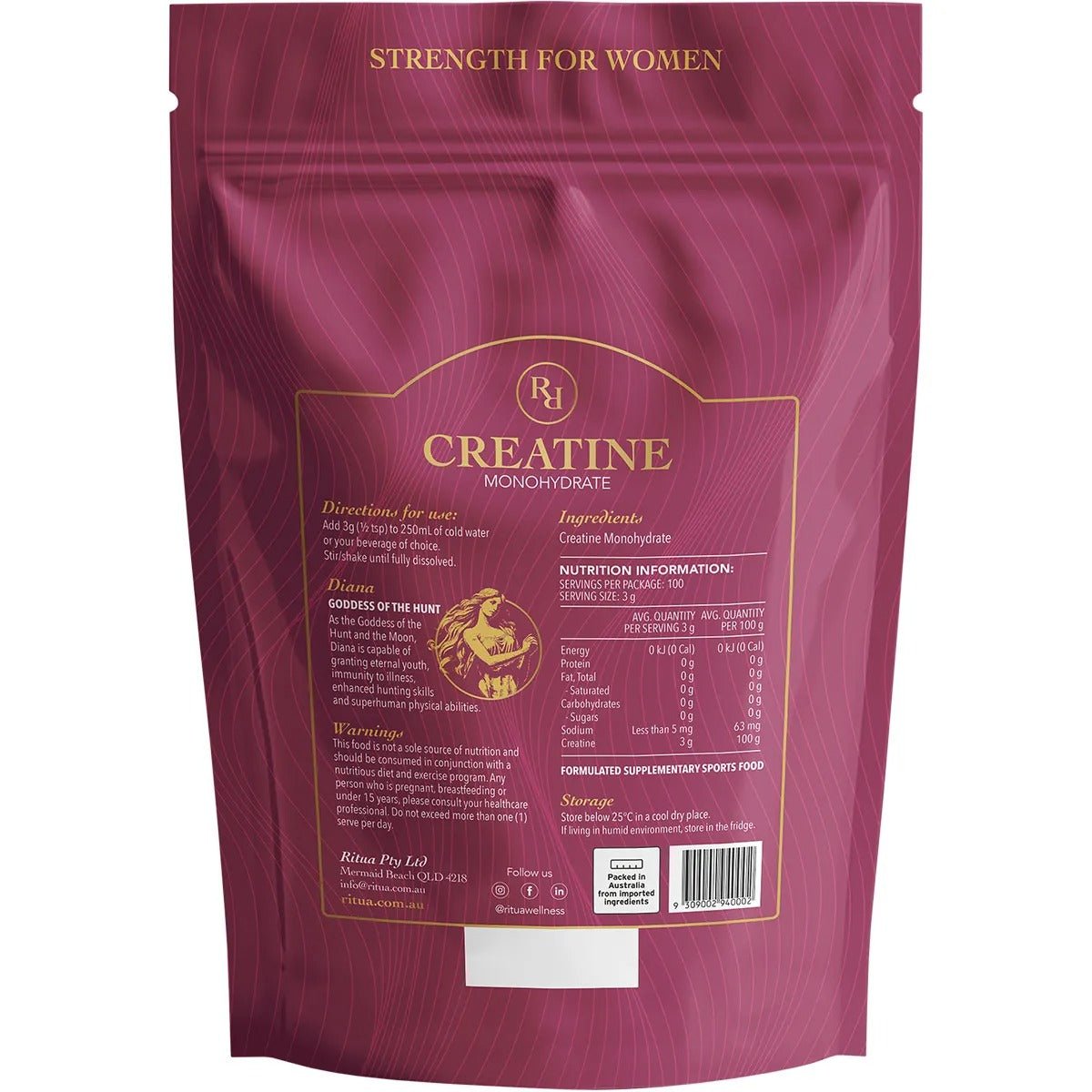 Back of Ritua Creatine For Women - 300g pouch in deep pink with gold text showing directions, ingredients, and nutrition details.
