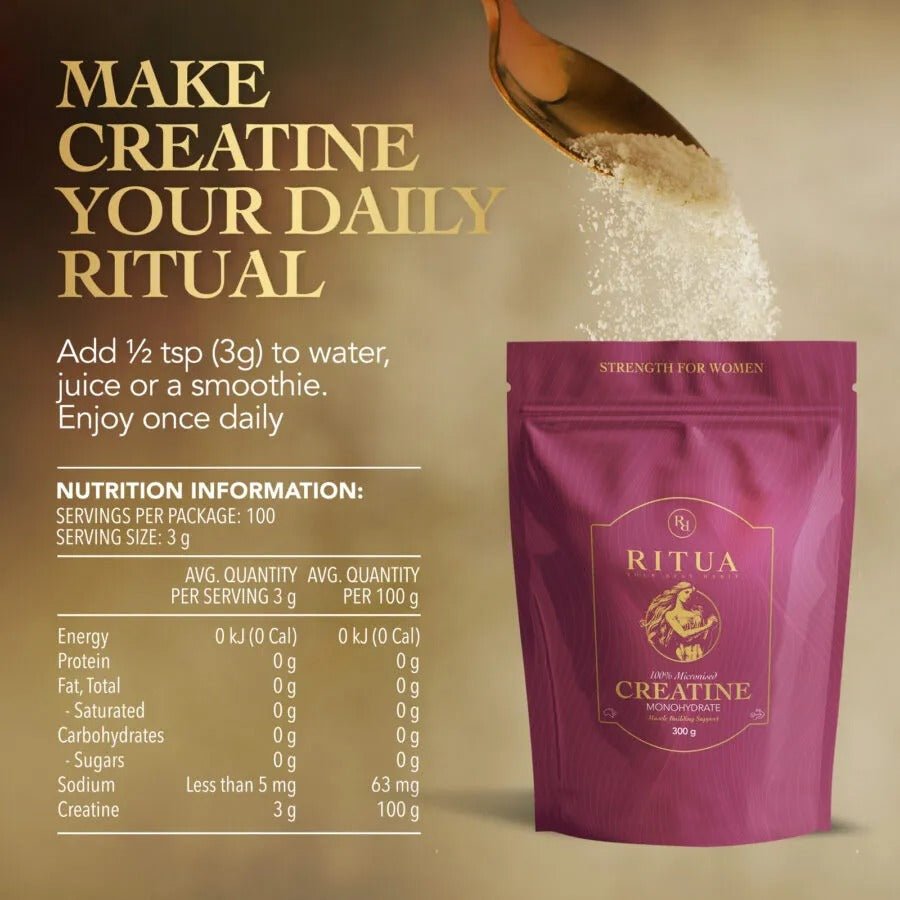 Creatine For Women - 300g by Ritua with usage instructions and nutrition facts for daily supplemental intake.