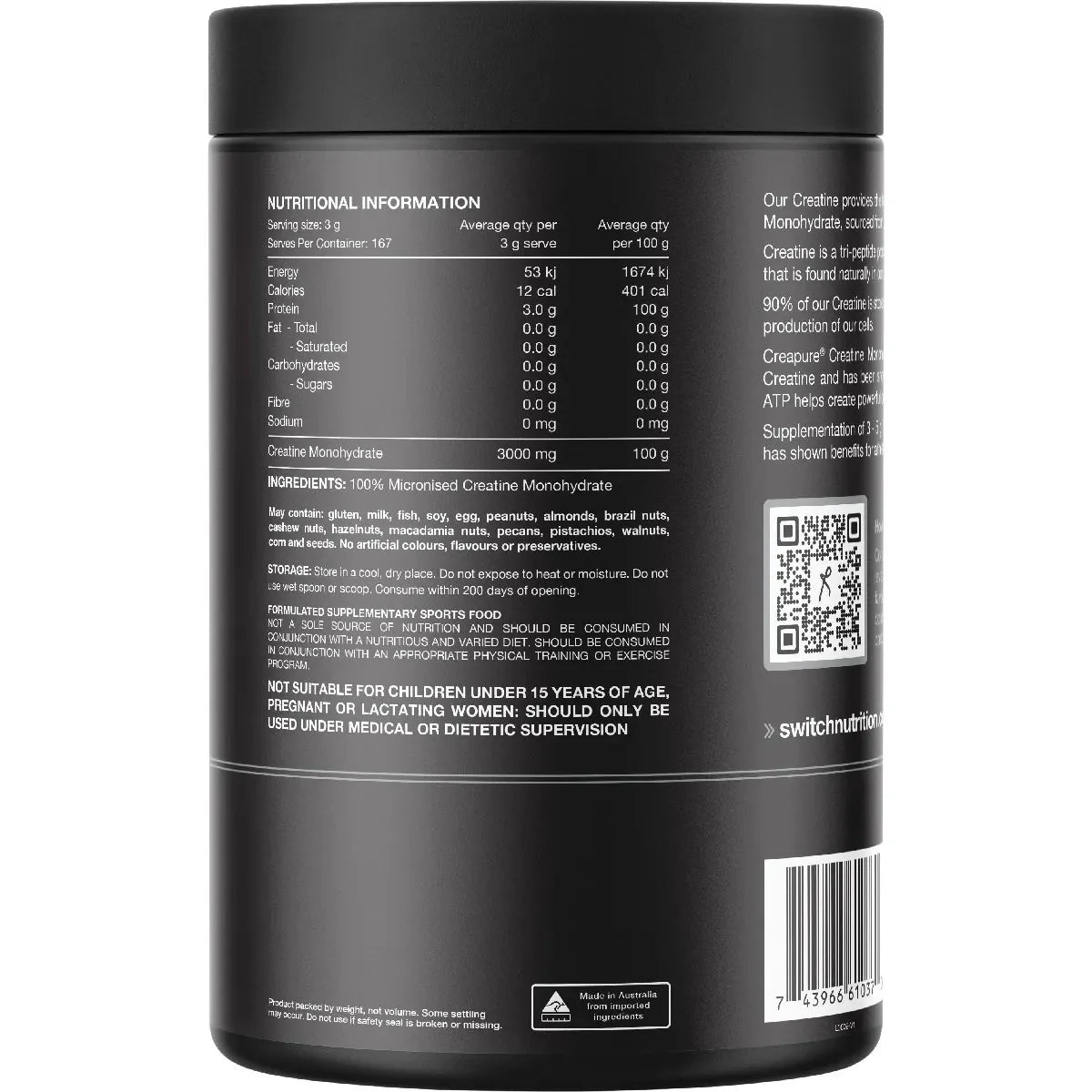 Black container of Creatine Perform - 100% Pure Creapure - 500g by Switch Nutrition showing nutritional and ingredient information label