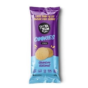 Crunchy Coconut Cookies - 2 pack - 40g in purple and blue packaging by Get Ya Yum On, low sugar sweet snack from Australia