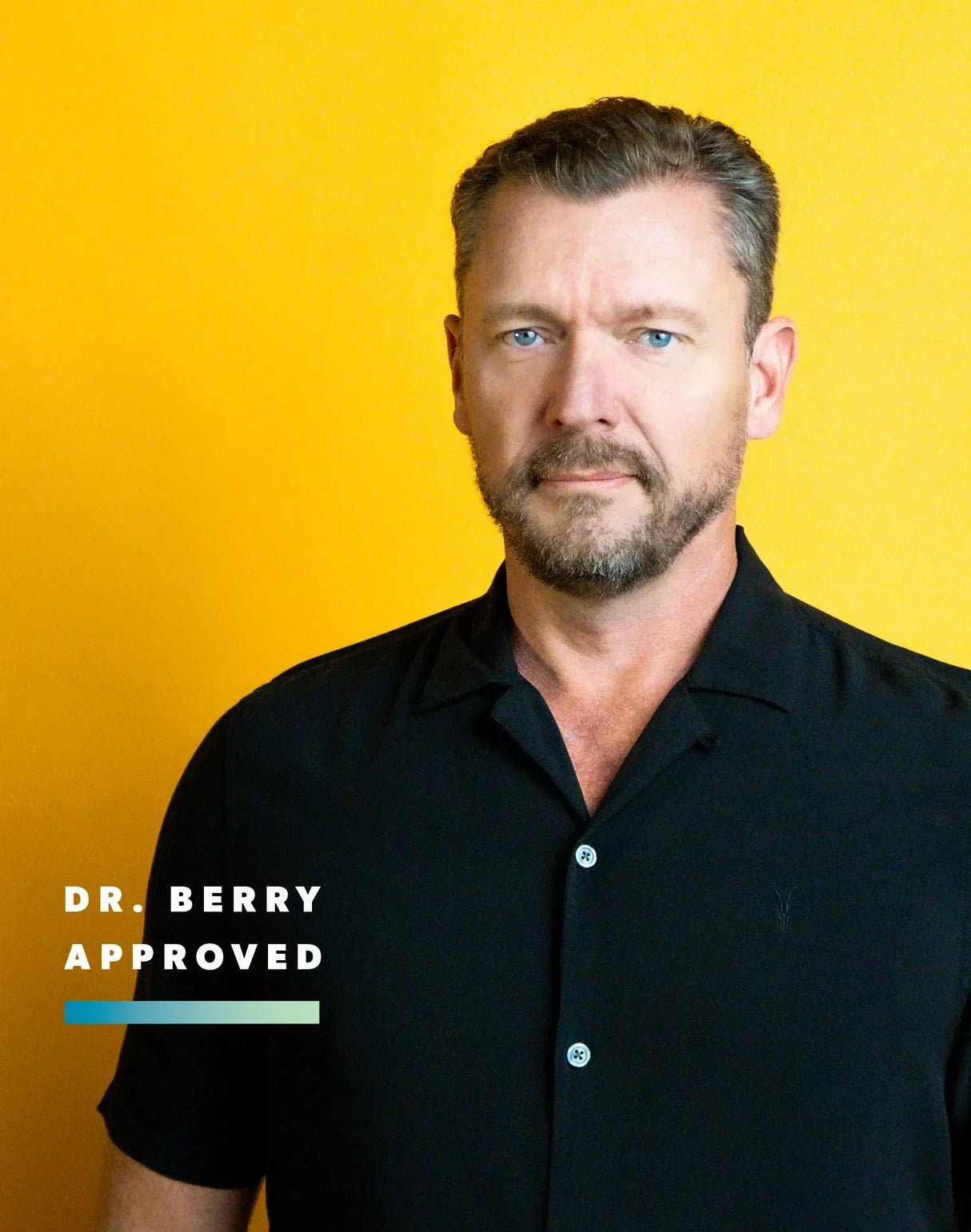 Man with beard wearing black shirt against yellow background with text Dr. Berry Approved promoting Daily - Electrolytes + Minerals - 240 Caps by SALTT