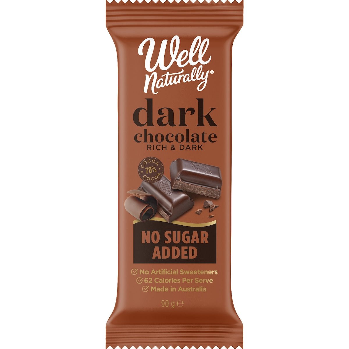 Well Naturally Dark Chocolate - Rich Dark - No Sugar Added - 90g bar with 70% cocoa, low calories, Australian made.