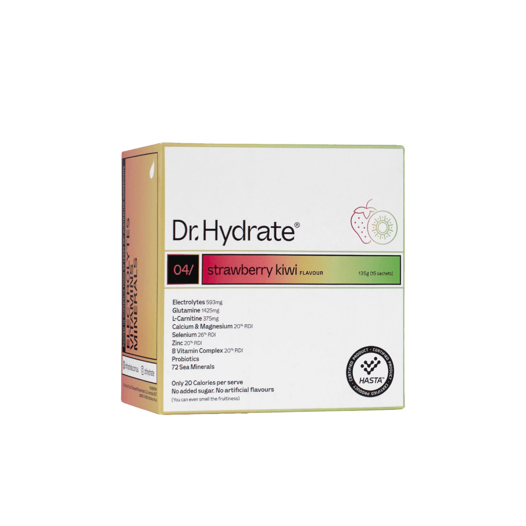 Dr Hydrate - Single Sachet in strawberry kiwi flavor with electrolytes and probiotics by Dr. Hydrate, low carb and functional drink.