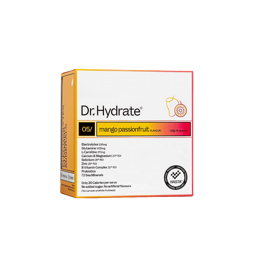 Dr Hydrate - Single Sachet mango passionfruit flavor box with electrolytes and functional nutrients by Dr. Hydrate