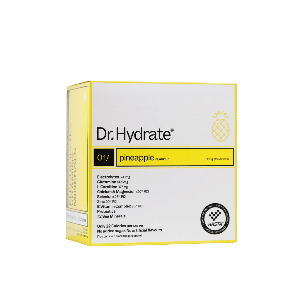 Dr Hydrate - Single Sachet pineapple flavor electrolyte supplement box by Dr. Hydrate in vibrant yellow packaging
