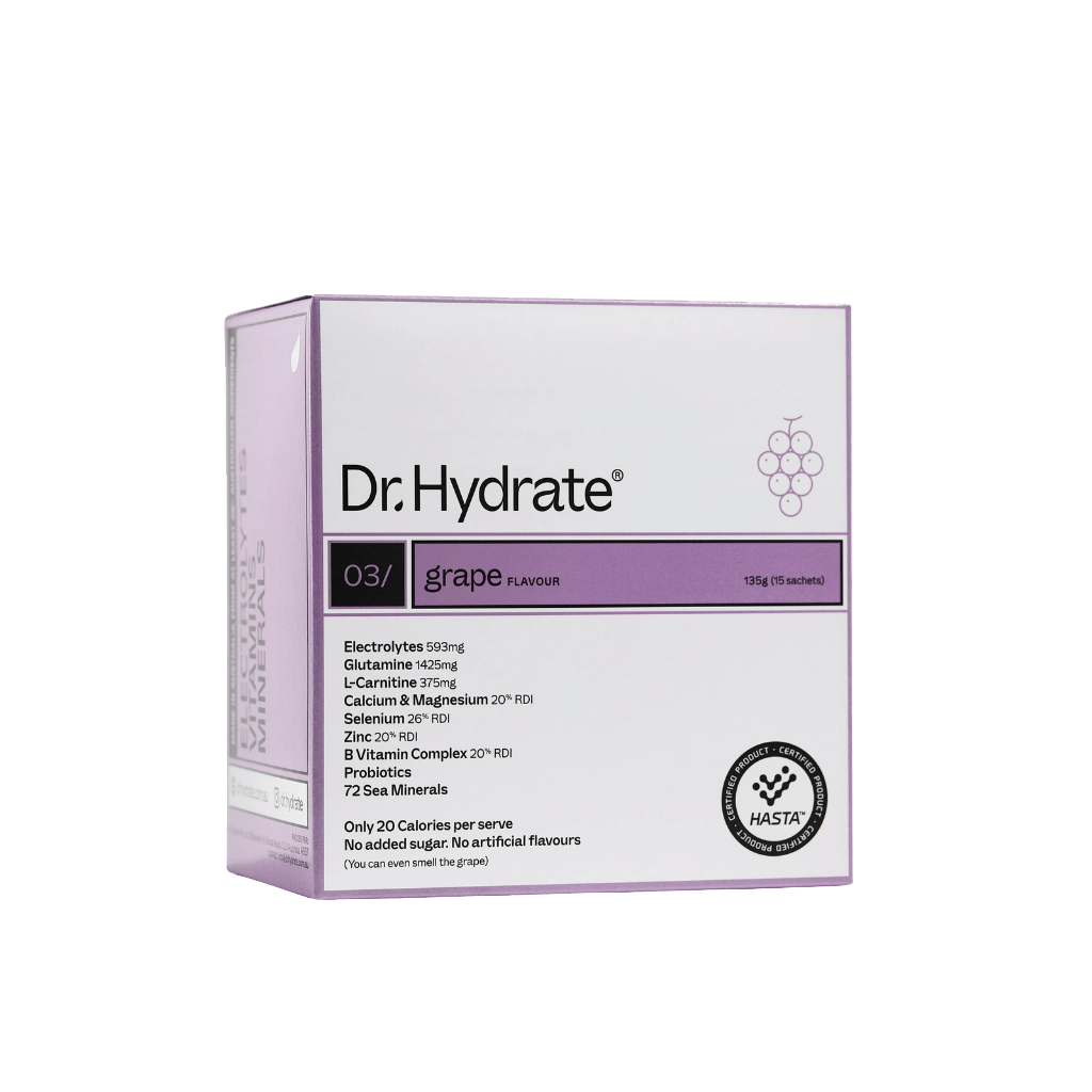 Dr Hydrate - Single Sachet grape flavor box with electrolyte and vitamin complex by Dr. Hydrate for low carb diets