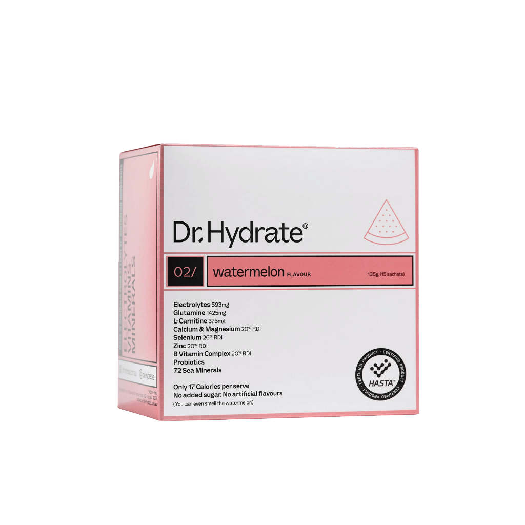 Dr Hydrate - Single Sachet watermelon flavour electrolytes with minerals and probiotics in pink and white box by Dr. Hydrate