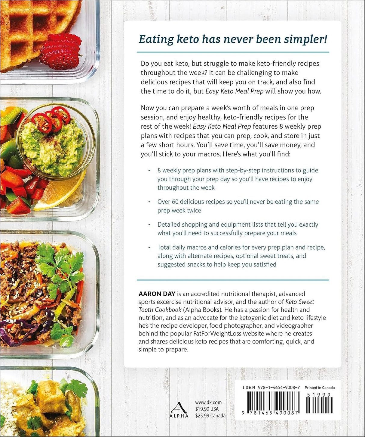 Back cover of Easy Keto Meal Prep by Aaron Day showing a detailed summary of keto and low carb meal plans with colorful food containers of keto dishes on the left side.