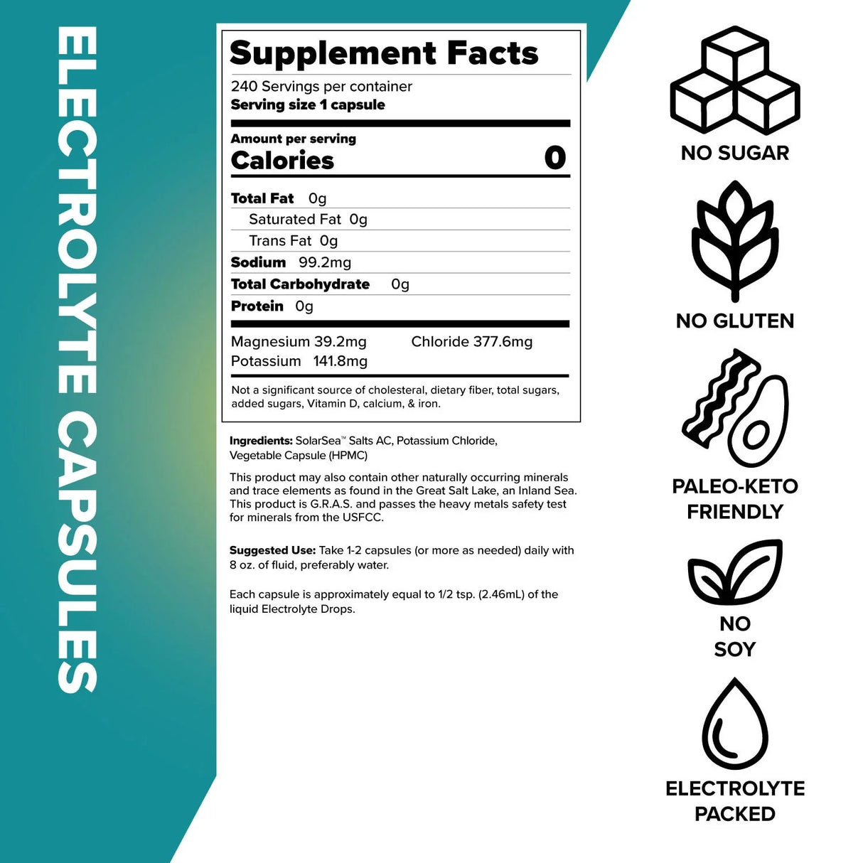 Supplement facts label for Electrolyte Capsules - 240 Serves showing nutrients, keto-friendly and allergen-free icons.