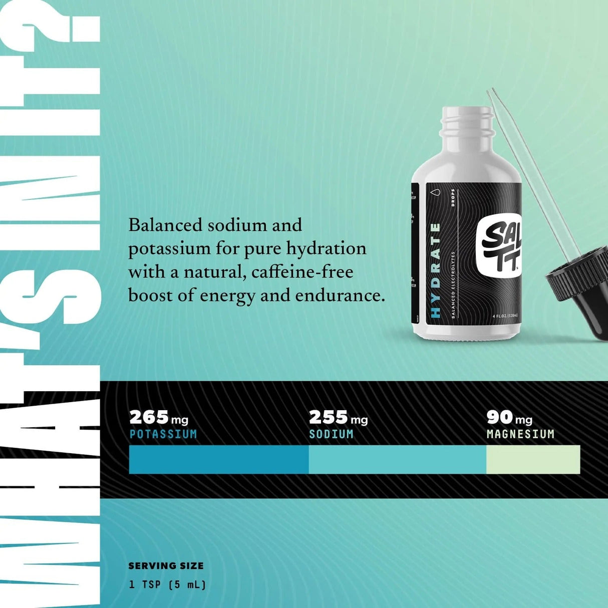 SALTT Electrolyte Drops - 120ml bottle with dropper showing hydration benefits and mineral content for energy and endurance.
