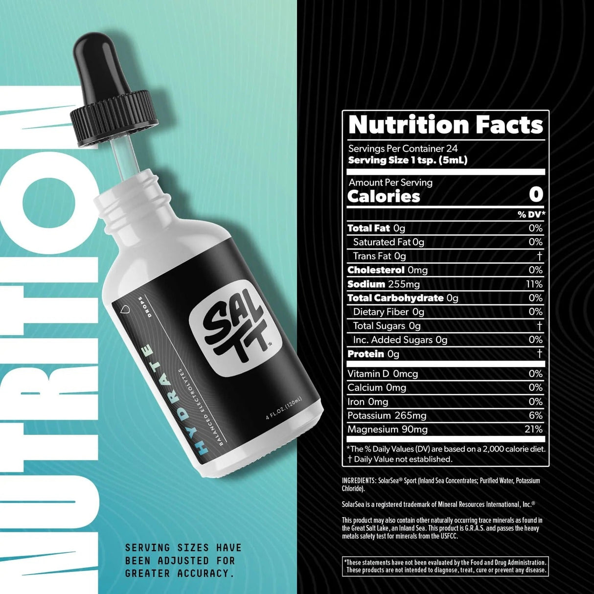 SALTT Electrolyte Drops - 120ml bottle with nutrition facts highlighting zero calories and key minerals for hydration support.