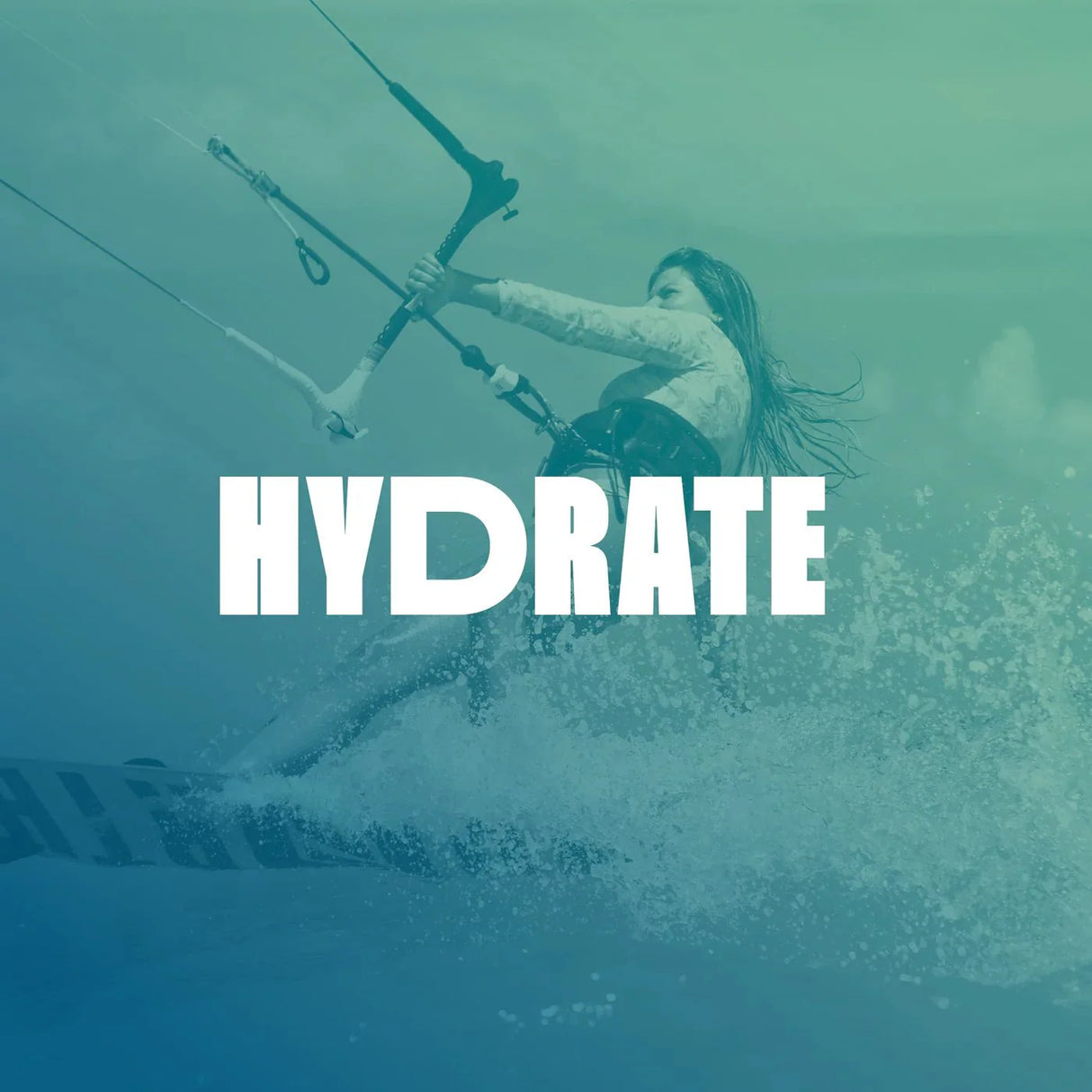 Image with overlay text "HYDRATE" showing a person kite surfing on water, promoting Electrolyte Drops - 250ml by SALTT.