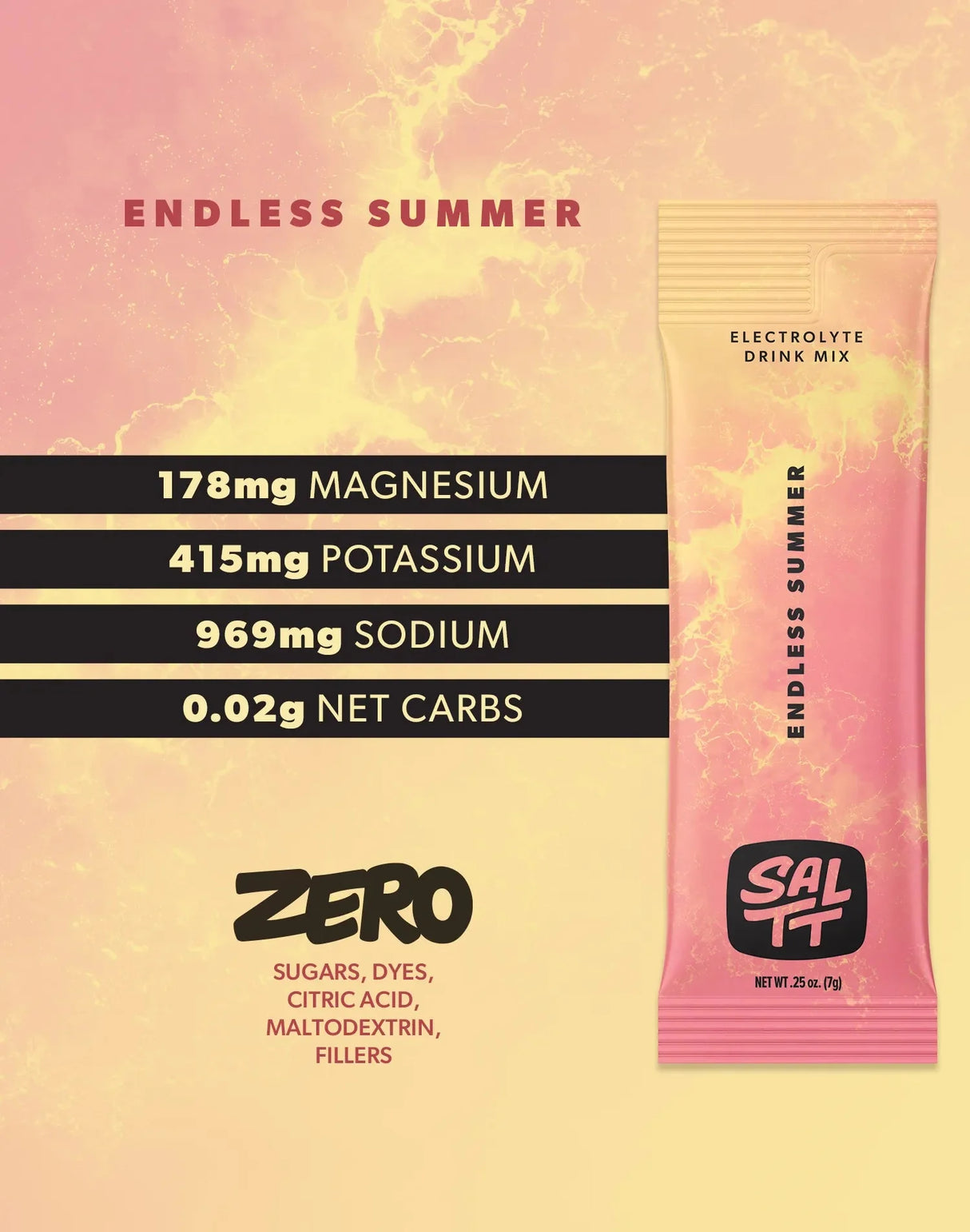 Endless Summer Electrolyte Drink Mix - 30 Sticks by SALTT showing mineral content and zero sugars or fillers on pink yellow background