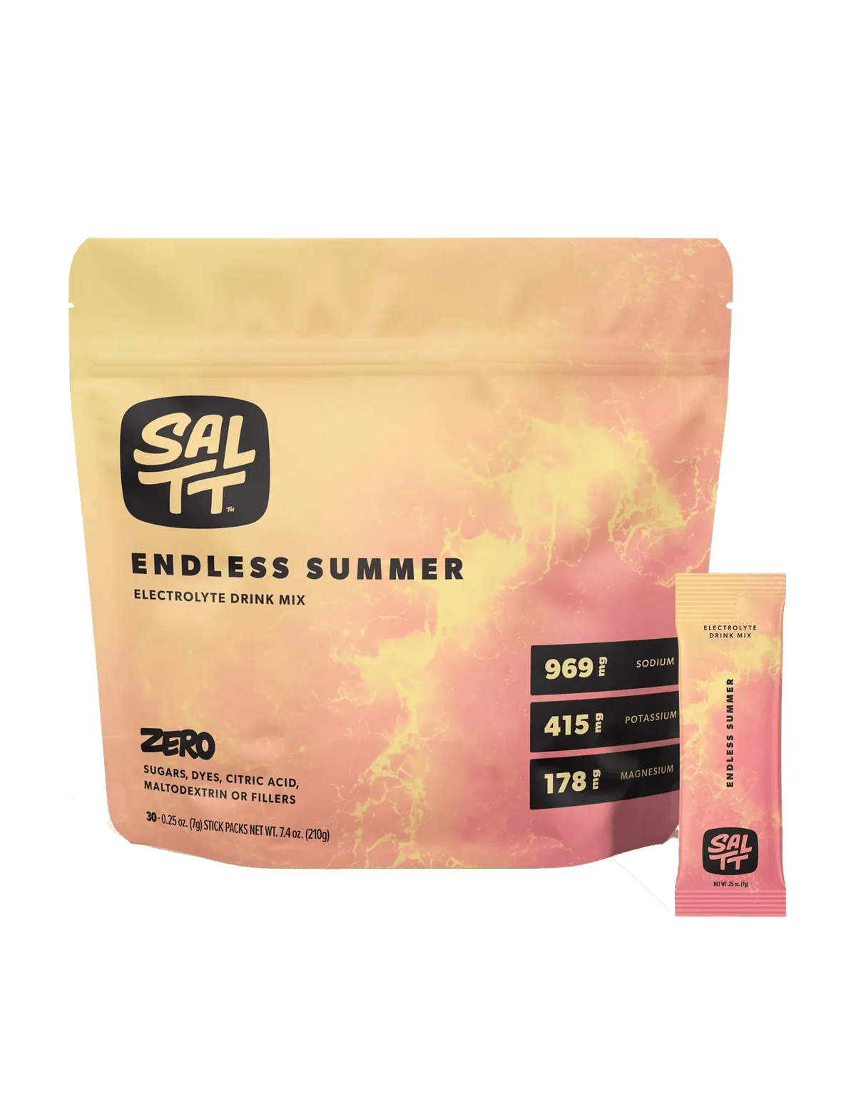 SALTT Endless Summer Electrolyte Drink Mix - 30 Sticks with blend of sodium, potassium, magnesium in vibrant pink and yellow pack