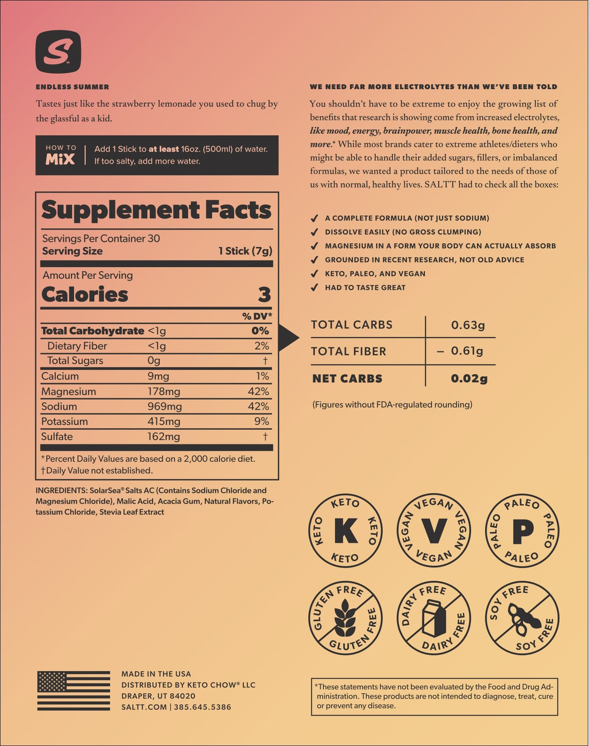 Nutrition label and product details for SALTT Endless Summer Electrolyte Drink Mix - 30 Sticks including carbs and mineral content.