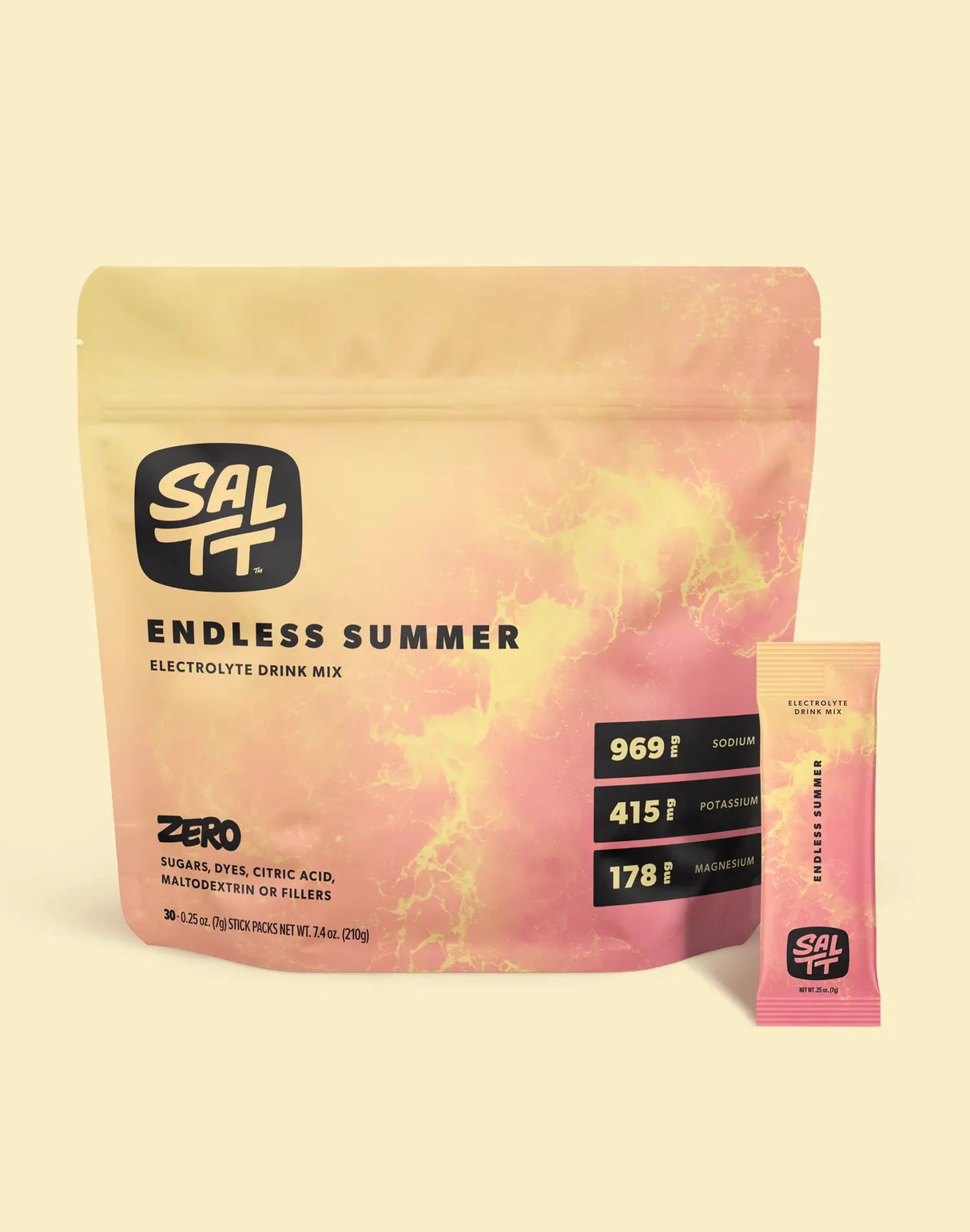 SALTT Endless Summer Electrolyte Drink Mix - 30 Sticks in pink yellow pouch with mineral info, part of Drinks and Electrolytes collections