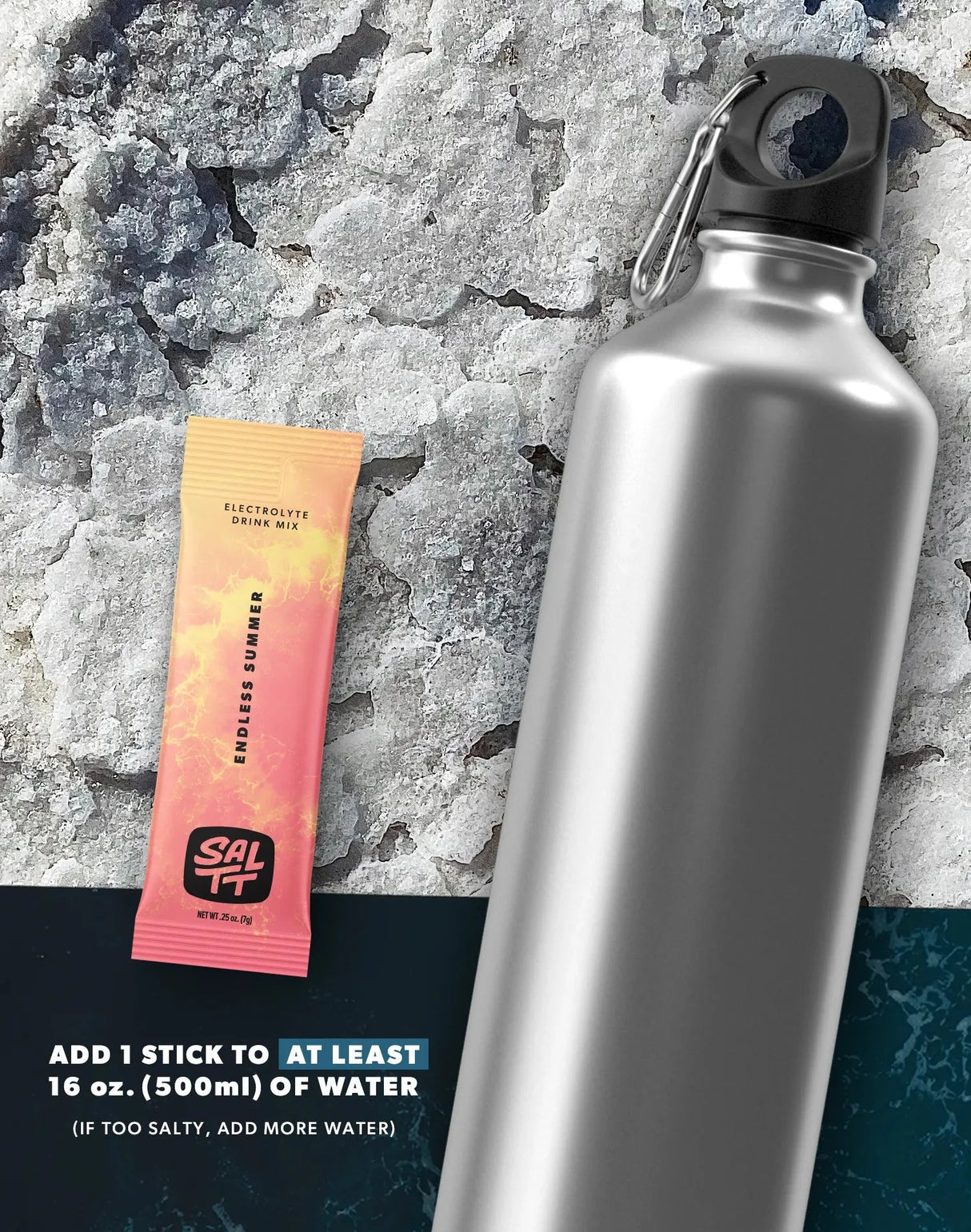 Endless Summer Electrolyte Drink Mix - 30 Sticks by SALTT next to silver water bottle on textured stone surface
