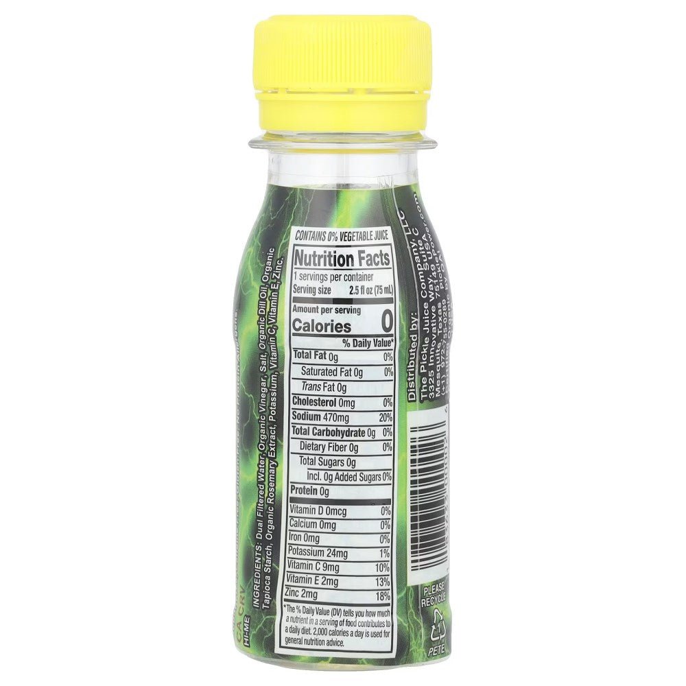 Nutrition facts label on Extra Strength Shots - 75ml bottle with yellow cap by Pickle Juice, part of functional electrolyte drinks.