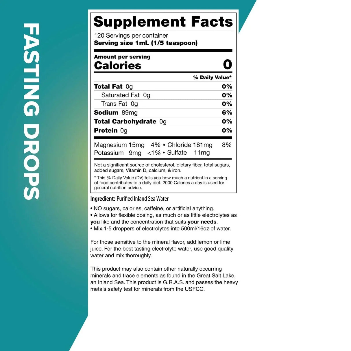 Fasting Drops - 250ml supplement facts label showing electrolyte minerals and zero calories, by Keto Chow.