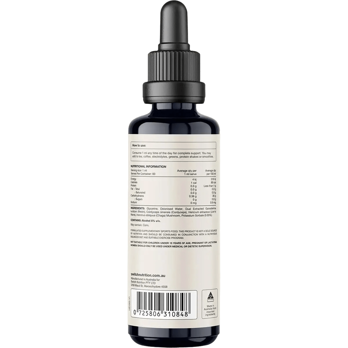 Back view of Switch Nutrition Four Blend Double Strength 2:1 Mushroom Liquid Extract - 60ml showing nutritional facts, ingredients, and usage instructions for keto and low carb support.