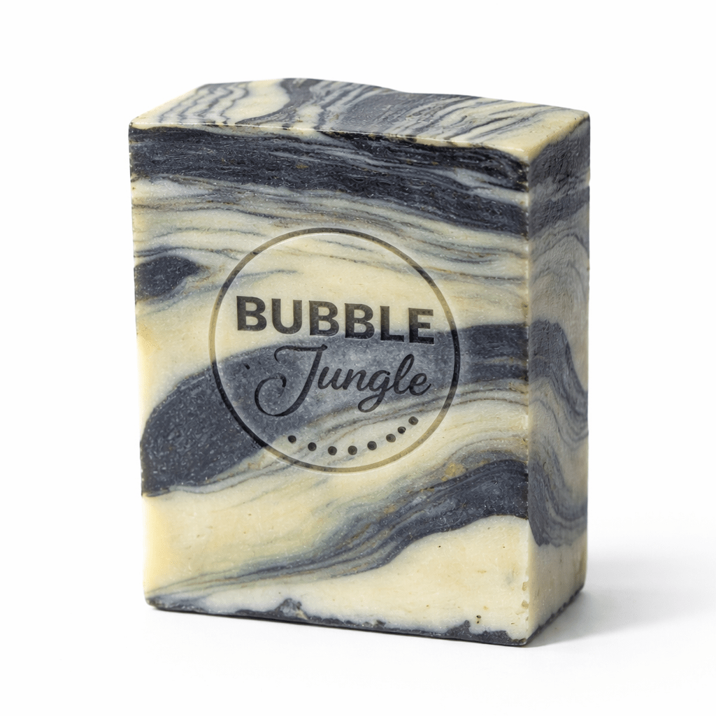 Frosted Forest Tallow Soap - 150g with marbled black and cream design, branded by The Bubble Jungle, Carnivore and Skincare collections.