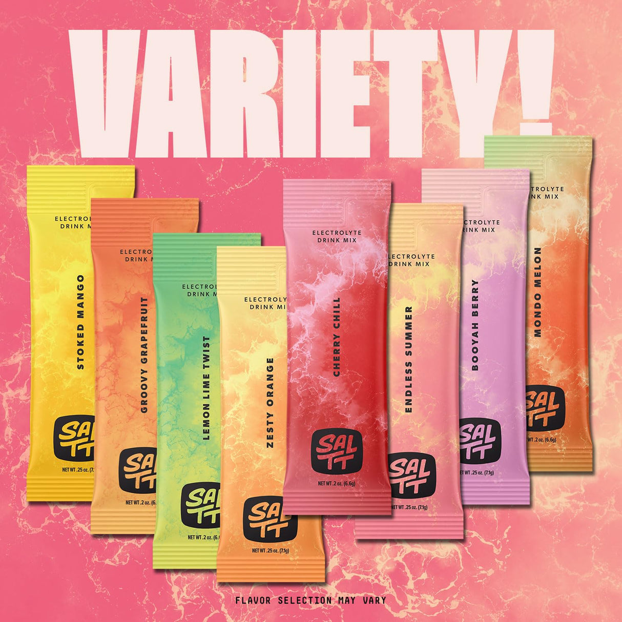 Array of colorful SALTT Fruit Variety Electrolyte Drink Mix - 15 Sticks packets on pink background with bold "VARIETY!" text.