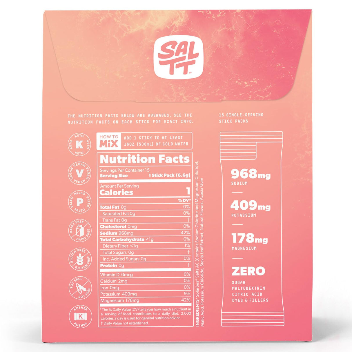 SALTT Fruit Variety Electrolyte Drink Mix - 15 Sticks with nutrition facts and electrolyte content on coral pink packaging