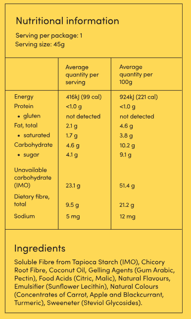 Nutrition facts and ingredients label for Fruity Chews - 45g by Funday, gluten free, low carb, and sweet snack.
