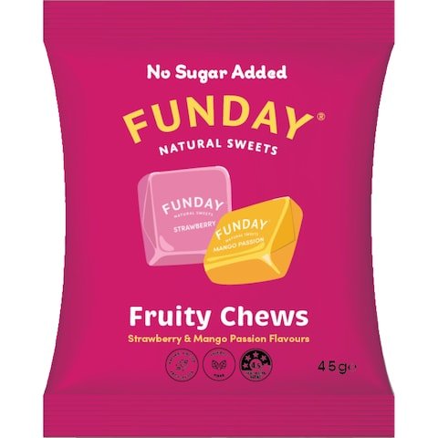 Fruity Chews - 45g by Funday in strawberry and mango passion flavors, sugar-free, gluten-free sweet snacks, low carb gummies.