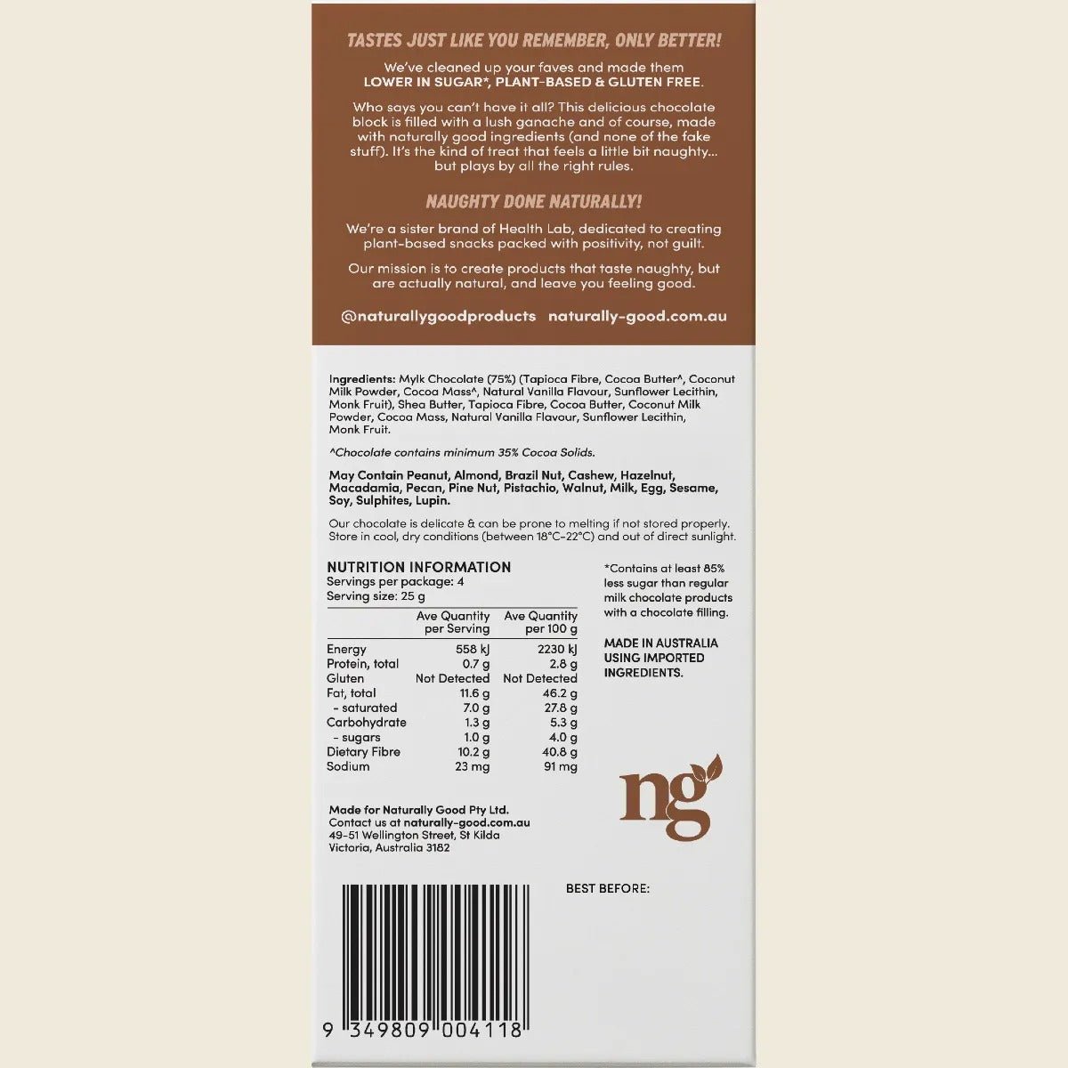 Back of Ganache Filled Chocolate Block - 100g packaging by Naturally Good showing ingredients, nutrition info, and product details.