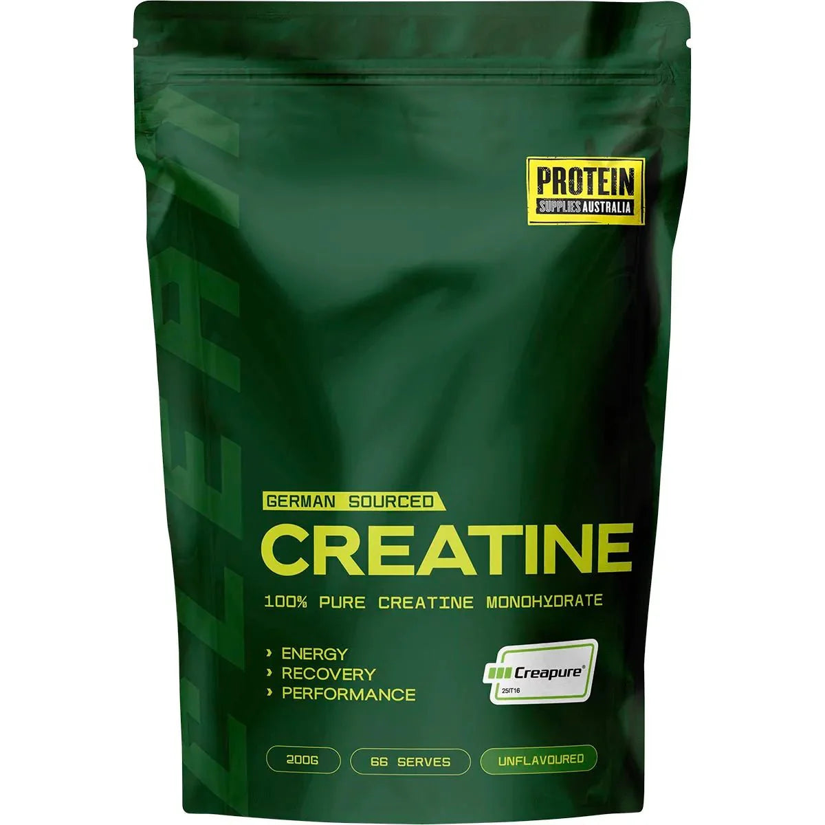 German Sourced Creatine Monohydrate - Creapure® - 200g by Protein Supplies Australia with green resealable pouch design