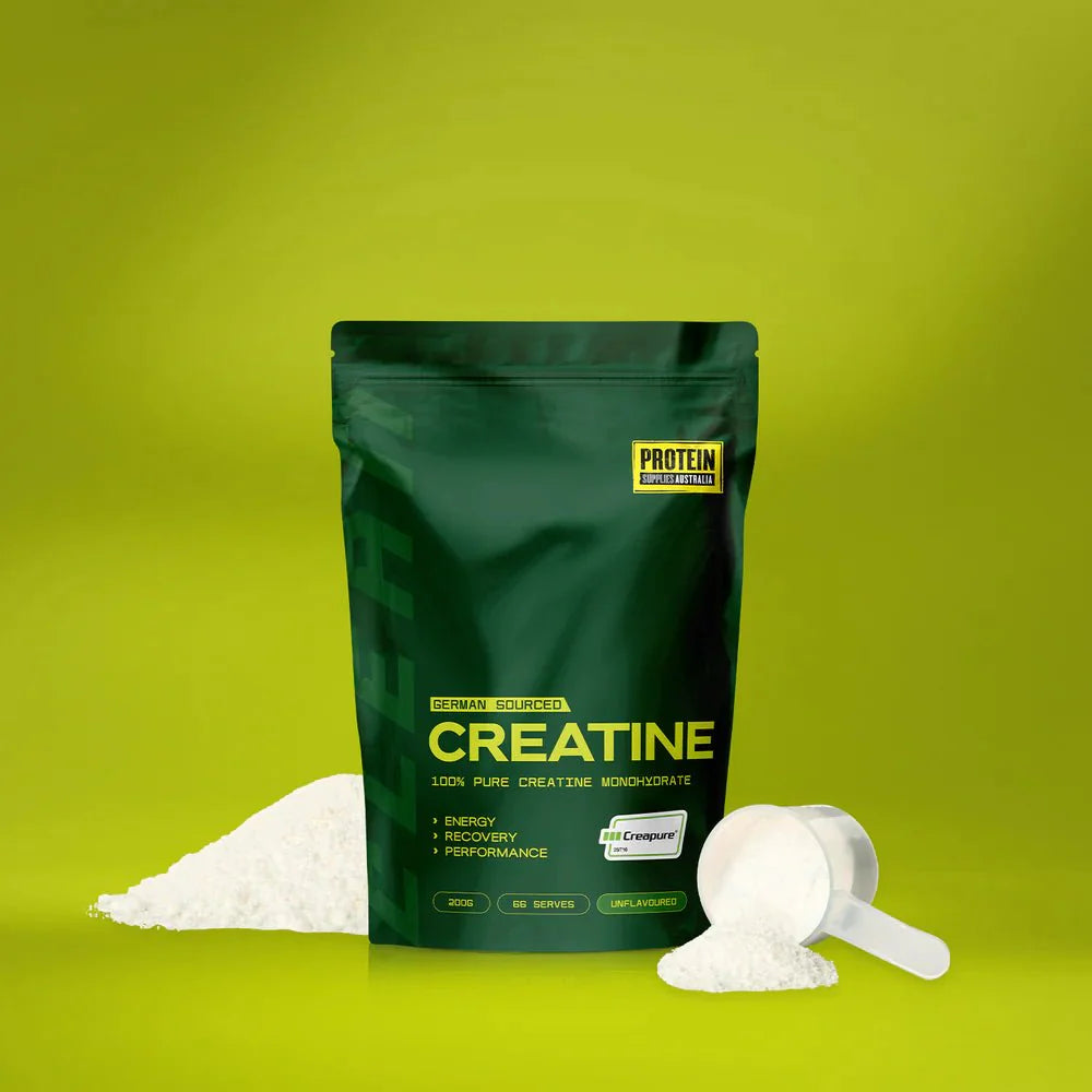 German Sourced Creatine Monohydrate - Creapure® - 200g by Protein Supplies Australia with scoop and powder on green background